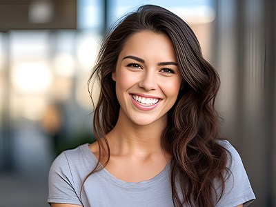 Woman with watch and long hair standing outside smiling